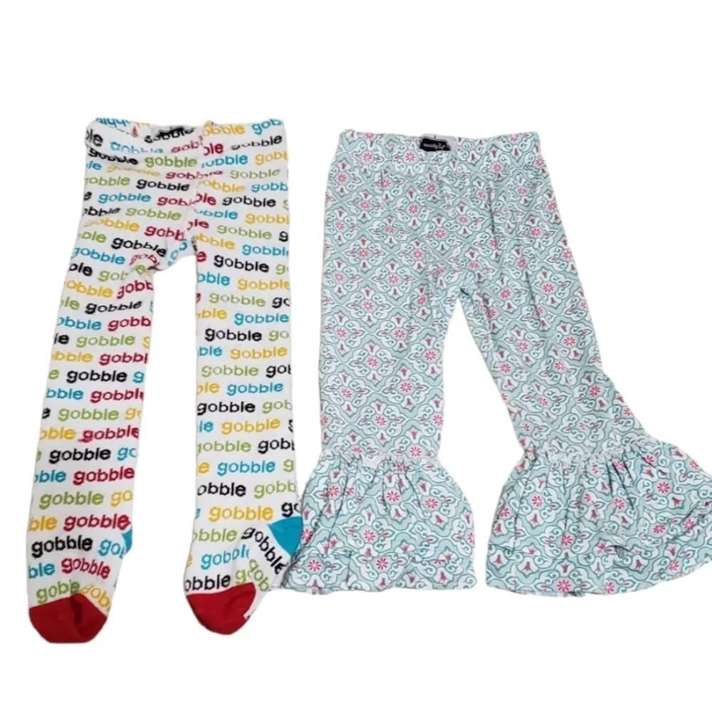 Mud Pie Gobble Tight Leggings and Printed Ruffle Pants Bundle Little Girls Baby